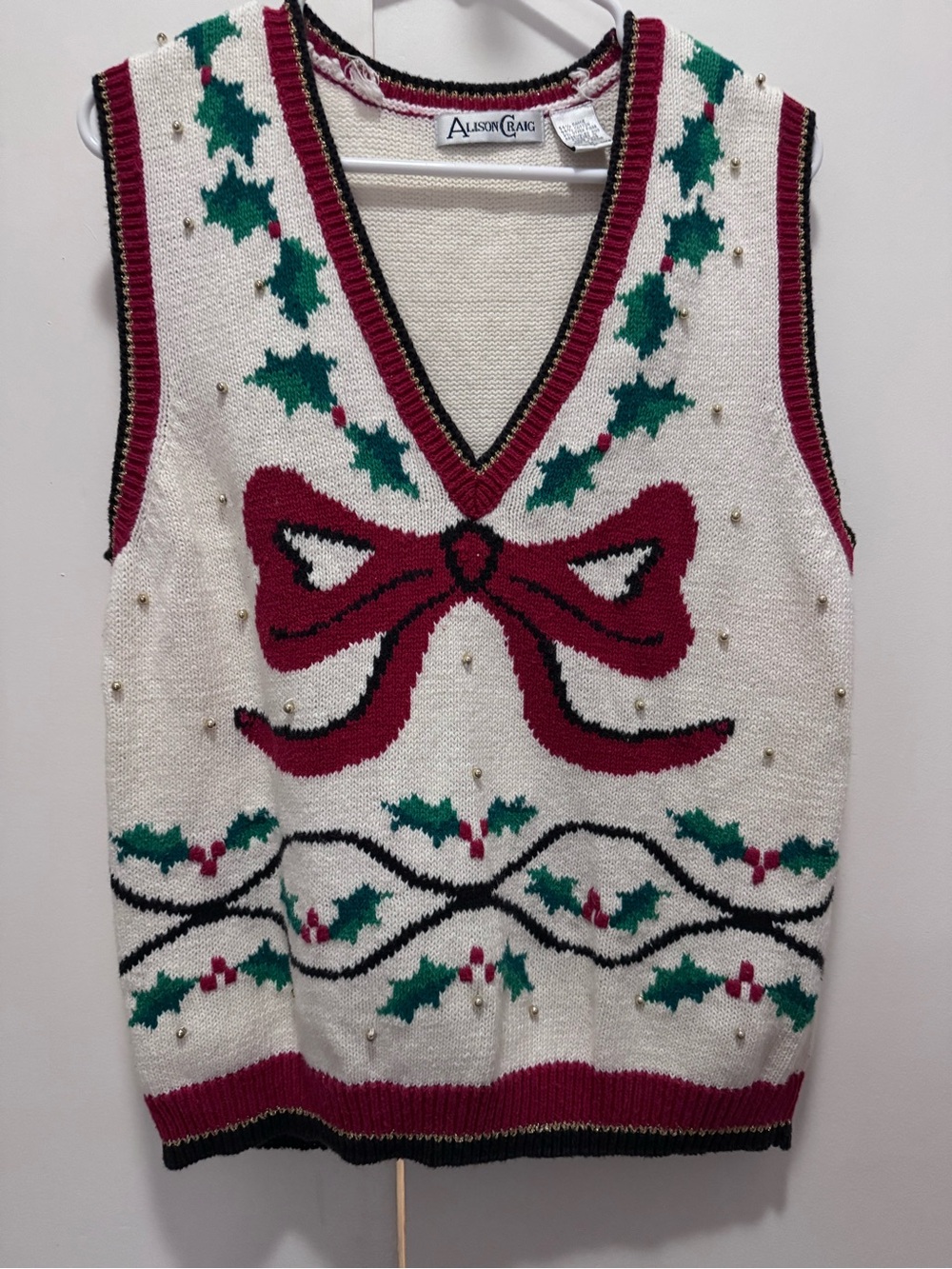 Cream Holiday Bow Knit Vest with Pearl Accents